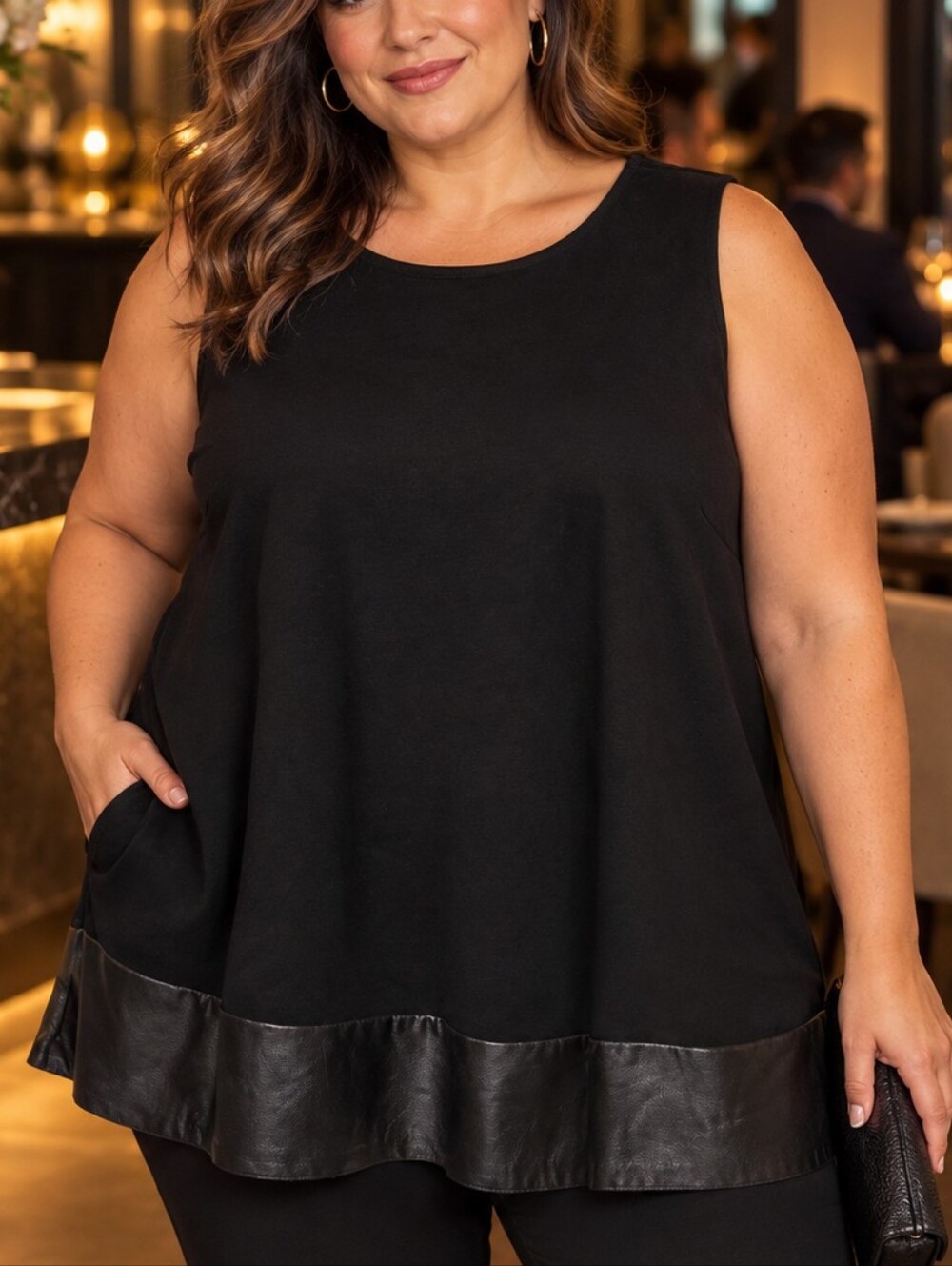 Black Sleeveless Swing Tank Top with Faux Leather Hem
